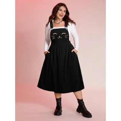 Bloomchic Women's Plus Size Happy Cat Embroidery Overall Straps Midi Dress Black Non Midi Casual Texture 22-24