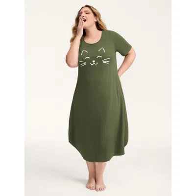 Bloomchic Women's Plus Size Happy Cat Print Stretchy Contrast Nightgown Armygreen Short Sleeve Midi Round Neck
