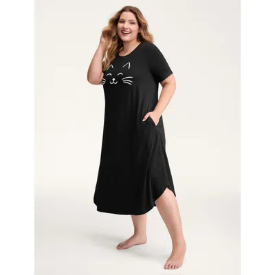 Bloomchic Women's Plus Size Happy Cat Print Stretchy Contrast Nightgown Black Short Sleeve Midi Round Neck 12/