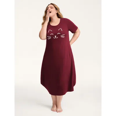 Bloomchic Women's Plus Size Happy Cat Print Stretchy Contrast Nightgown Burgundy Short Sleeve Midi Round Neck 