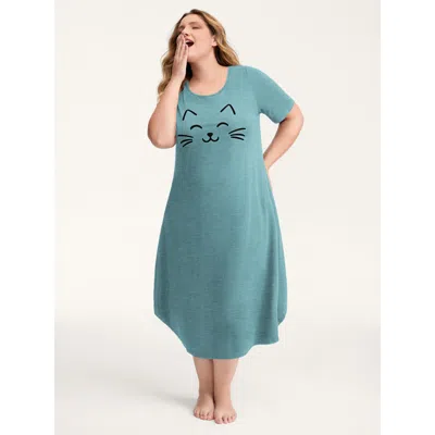 Bloomchic Women's Plus Size Happy Cat Print Stretchy Contrast Nightgown Cerulean Short Sleeve Midi Round Neck  In Blue