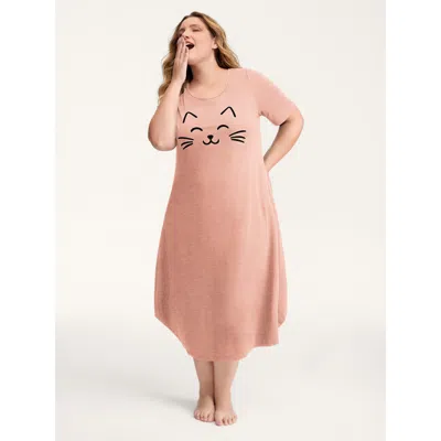 Bloomchic Women's Plus Size Happy Cat Print Stretchy Contrast Nightgown Crepe Short Sleeve Midi Round Neck 12/