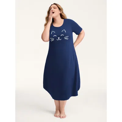 Bloomchic Women's Plus Size Happy Cat Print Stretchy Contrast Nightgown Darkblue Short Sleeve Midi Round Neck  In Blue