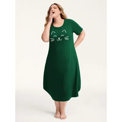Bloomchic Women's Plus Size Happy Cat Print Stretchy Contrast Nightgown Darkgreen Short Sleeve Midi Round Neck In Green