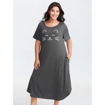 Bloomchic Women's Plus Size Happy Cat Print Stretchy Contrast Nightgown Dimgray Short Sleeve Midi Round Neck 1