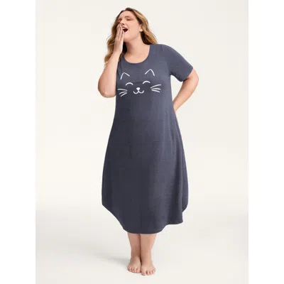 Bloomchic Women's Plus Size Happy Cat Print Stretchy Contrast Nightgown Indigo Short Sleeve Midi Round Neck 10 In Purple