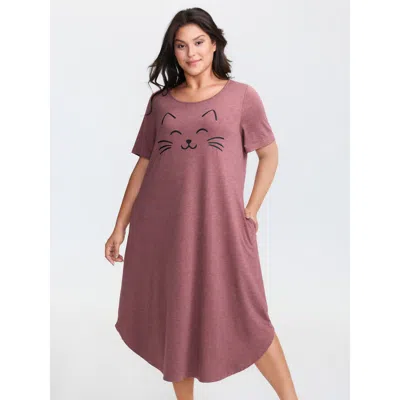 Bloomchic Women's Plus Size Happy Cat Print Stretchy Contrast Nightgown Russet Short Sleeve Midi Round Neck 12 In Brown