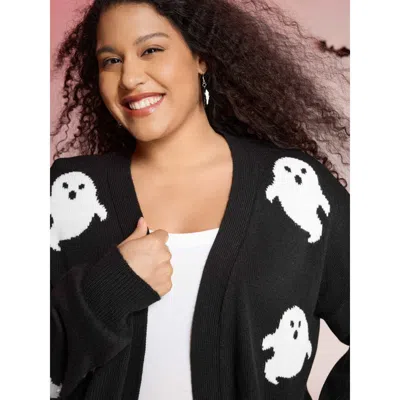 Bloomchic Women's Plus Size Happy Ghost Jacquard Arc Cardigan Black Long Sleeve 10/m