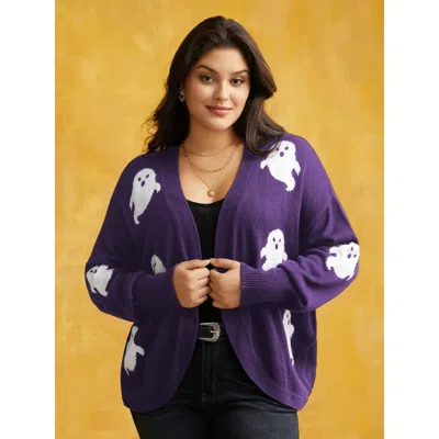 Bloomchic Women's Plus Size Happy Ghost Jacquard Arc Cardigan Eggplant Long Sleeve 22-24/3x In Purple