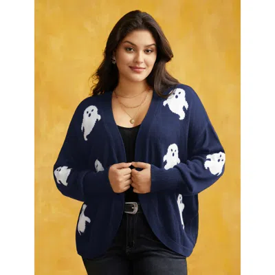 Bloomchic Women's Plus Size Happy Ghost Jacquard Arc Cardigan Indigo Long Sleeve 12/l In Purple