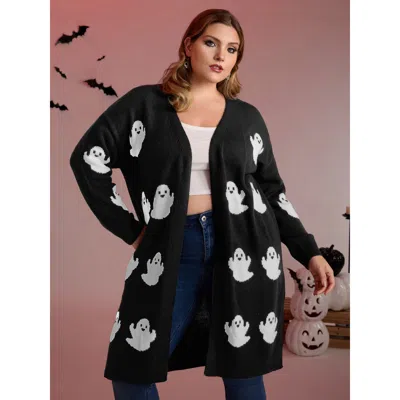 Bloomchic Women's Plus Size Happy Ghost Jacquard Knit Cardigan Black Long Sleeve 22-24/3x