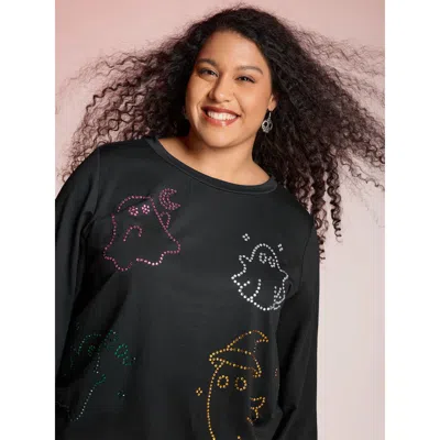 Bloomchic Women's Plus Size Happy Ghost Sequin Embroidery Sweatshirt Black Casual 14-16/1x