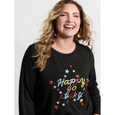 Bloomchic Women's Plus Size Happy Go Lucky Sequin Embroidery Sweatshirt Black Casual 10/m