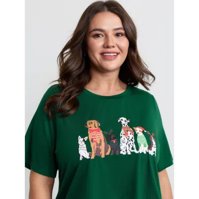 Bloomchic Women's Plus Size Happy Holiday Dogs Print T-shirt Darkgreen Graphic Casual Short Sleeve Round Neck  In Green