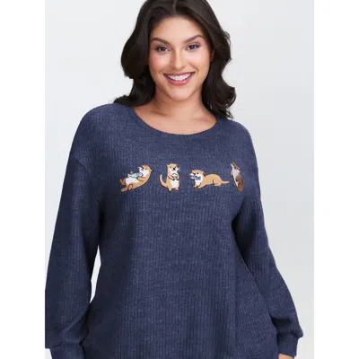 Bloomchic Women's Plus Size Happy Otter Embroidered Sweatshirt Darkblue Animals Casual Round Neck 18-20/2x In Blue