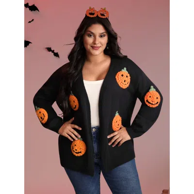 Bloomchic Women's Plus Size Happy Pumpkin Crochet Knit Cardigan Black Long Sleeve 12/l