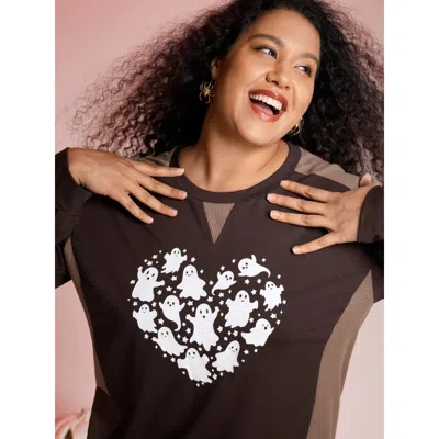 Bloomchic Women's Plus Size Haunted Heart Relaxed Fit Round Neck Sweatshirt Darkbrown Halloween Casual 10/m In Brown