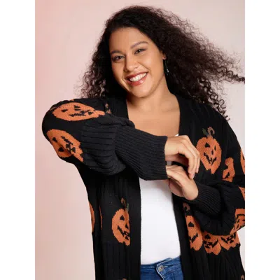 Bloomchic Women's Plus Size Haunted Pumpkin Print Curvy Hem Knit Cardigan Black Long Sleeve 12/l