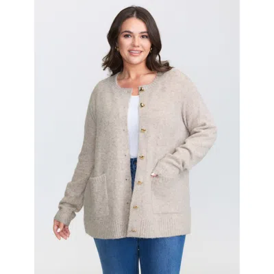 Bloomchic Women's Plus Size Heart Button-down Pockets Knit Cardigan Lightbrown Long Sleeve Round Neck 14-16/1x In Brown