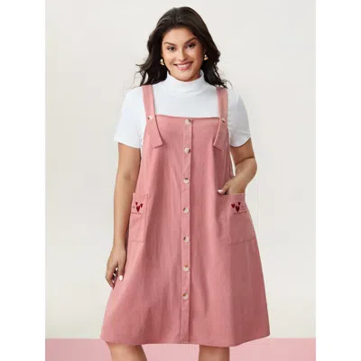 Bloomchic Women's Plus Size Heart Embroidered Pockets Adjustable Overall Dress Beanpastepowder Solid Mini Casu