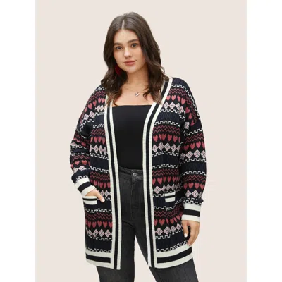 Bloomchic Women's Plus Size Heart Geometric Jacquard Pocket Cardigan Black Long Sleeve 18-20/2x
