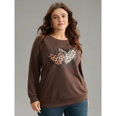 Bloomchic Women's Plus Size Heart Leopard Round Neck Sweatshirt Darkbrown Art&design Dailywear 14-16/1x In Brown
