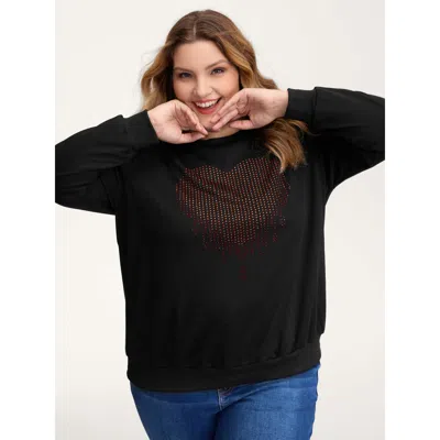 Bloomchic Women's Plus Size Heart Motif Rhinestones Round Neck Sweatshirt Black Casual 10/m