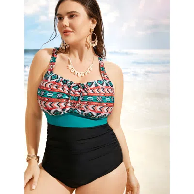 Bloomchic Women's Plus Size Heart Neckline Bandana Print Contrast One Piece Swimsuit Black Bohemian Print Gath