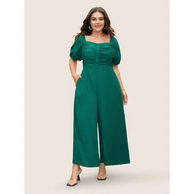Bloomchic Women's Plus Size Heart Neckline Lantern Sleeve Ruched Jumpsuit Emerald Everyday 18-20/2x In Green