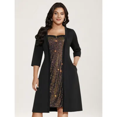 Bloomchic Women's Plus Size Heart Neckline Patchwork Sequin Button Detail Dress Black Party Midi Colorblock Sw