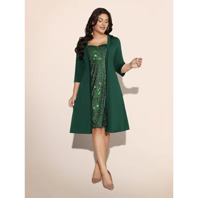 Bloomchic Women's Plus Size Heart Neckline Patchwork Sequin Button Detail Dress Darkgreen Party Midi Colorbloc In Green