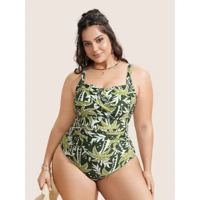 Bloomchic Women's Plus Size Heart Neckline Tropical Print Crossover One Piece Swimsuit Armygreen Tropical Twis