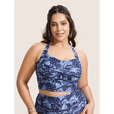 Bloomchic Women's Plus Size Heart Neckline Tropical Print Crossover Swim Top Indigo Tropical Twist Bust Suppor In Purple
