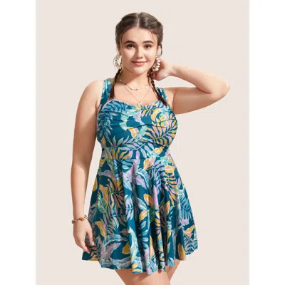 Bloomchic Women's Plus Size Heart Neckline Tropical Print Twist Front Swim Dress Cyan Tropical Twist Adaptive- In Blue