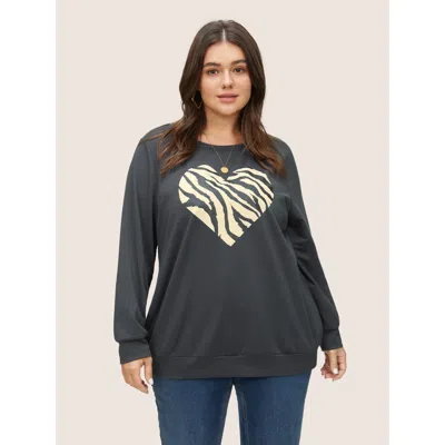 Bloomchic Women's Plus Size Heart Pattern Contrast Crew Neck Sweatshirt Dimgray Art&design Everyday 12/l