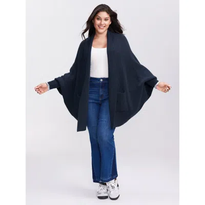 Bloomchic Women's Plus Size Heart Pattern Flowy Front-open Knit Cardigan Navy Long Sleeve 10/m In Blue