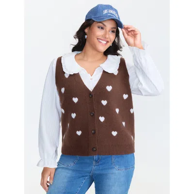 Bloomchic Women's Plus Size Heart Print Button Front Cardigan Vest Browncoffeecolor Sleeveless 12/l