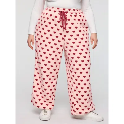 Bloomchic Women's Plus Size Heart Print Fleece Drawstring Waist Pajama Bottoms Nudepink Heart Full Drawstring 