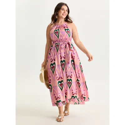 Bloomchic Women's Plus Size Heart Print Halter Neck Belted Maxi Dress Multicolor Geometric Longline Vacation 1