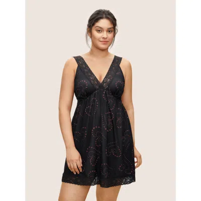 Bloomchic Women's Plus Size Heart Print Lace Trim Deep V-neck Nightgown Black Sleeveless Mini Deep V-neck 30/6