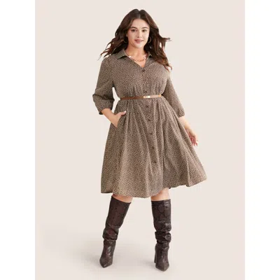Bloomchic Women's Plus Size Heart Print Lapel Collar Button Detail Knee Dress Darkbrown Dailywear Elastic Cuff In Brown