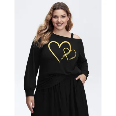 Bloomchic Women's Plus Size Heart Print Off-shoulder Sweatshirt Black Casual 12/l