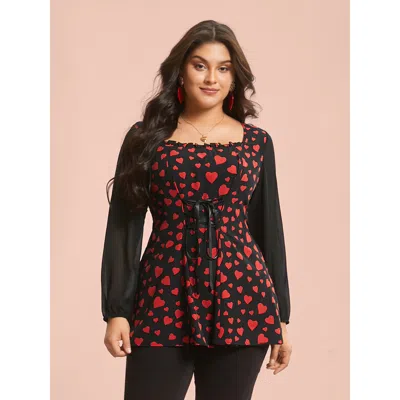 Bloomchic Women's Plus Size Heart Print Patchwork Waist-tie Blouse Black Heart Elegant Long Sleeve Square Neck