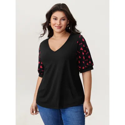 Bloomchic Women's Plus Size Heart Print Stretchy V-neck T-shirt Black Valentine Casual Short Sleeve Deep V-nec