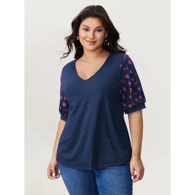 Bloomchic Women's Plus Size Heart Print Stretchy V-neck T-shirt Indigo Valentine Casual Short Sleeve Deep V-ne In Purple