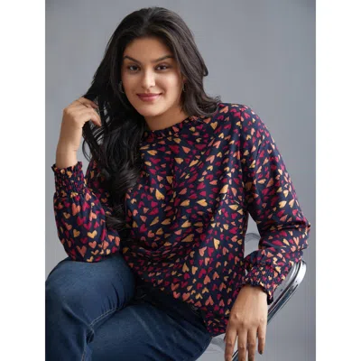 Bloomchic Women's Plus Size Hearts All Over Ruffled Neckline Blouse Indigo Heart Everyday Extra Long Sleeve 30 In Purple