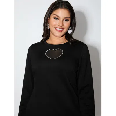 Bloomchic Women's Plus Size Heart-shaped Cut-out Diamond T-shirt Black Solid Party Long Sleeve Round Neck 10/m