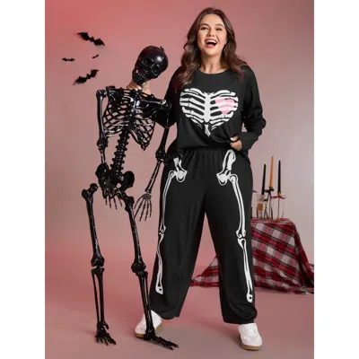 Bloomchic Women's Plus Size Hearty Skull Print Loungewear Set Black Non Long Sleeve Non 10/m
