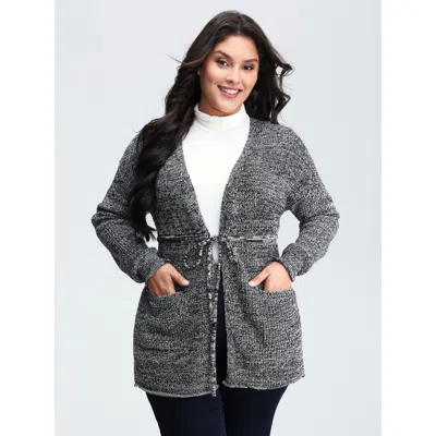 Bloomchic Women's Plus Size Heather Adjustable Waist Drawstring Knit Cardigan Black Long Sleeve 18-20/2x