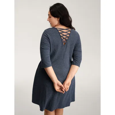 Bloomchic Women's Plus Size Heather Back Cut-out Solid Midi Dress Darkblue Non Knee Casual 10/m In Blue